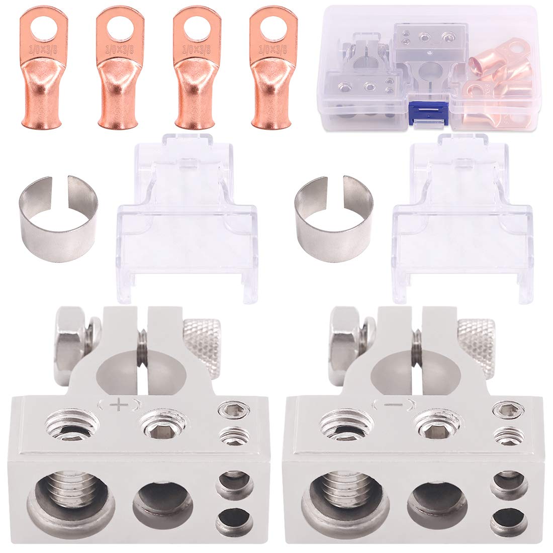 Glarks 8Pcs Silver Car Battery Terminal Connectors with Copper Wire lugs Ring Terminals Set, 0/2/4/8/10 Gauge Negative Positive Battery Terminals with Shims Covers for Car, Vehicle, RV and Boat Use