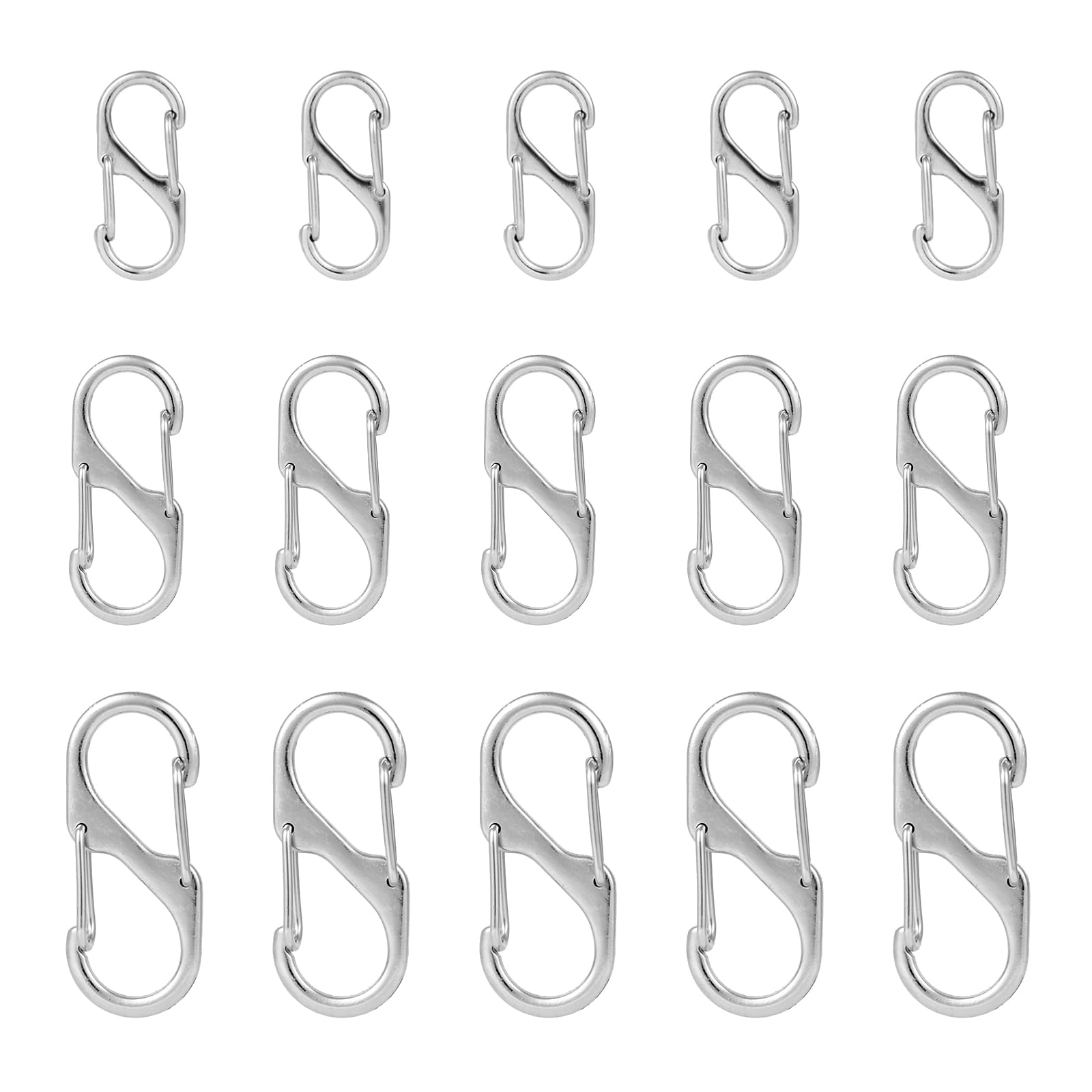 15pcs Zipper Clip Theft Deterrent, Backpack Zipper Lock Clip Zipper Pull Replacement Small Dual Locking Carabiner S Shaped Carabiner for Camping Outdoor Hiking (Silver, 3 Sizes)