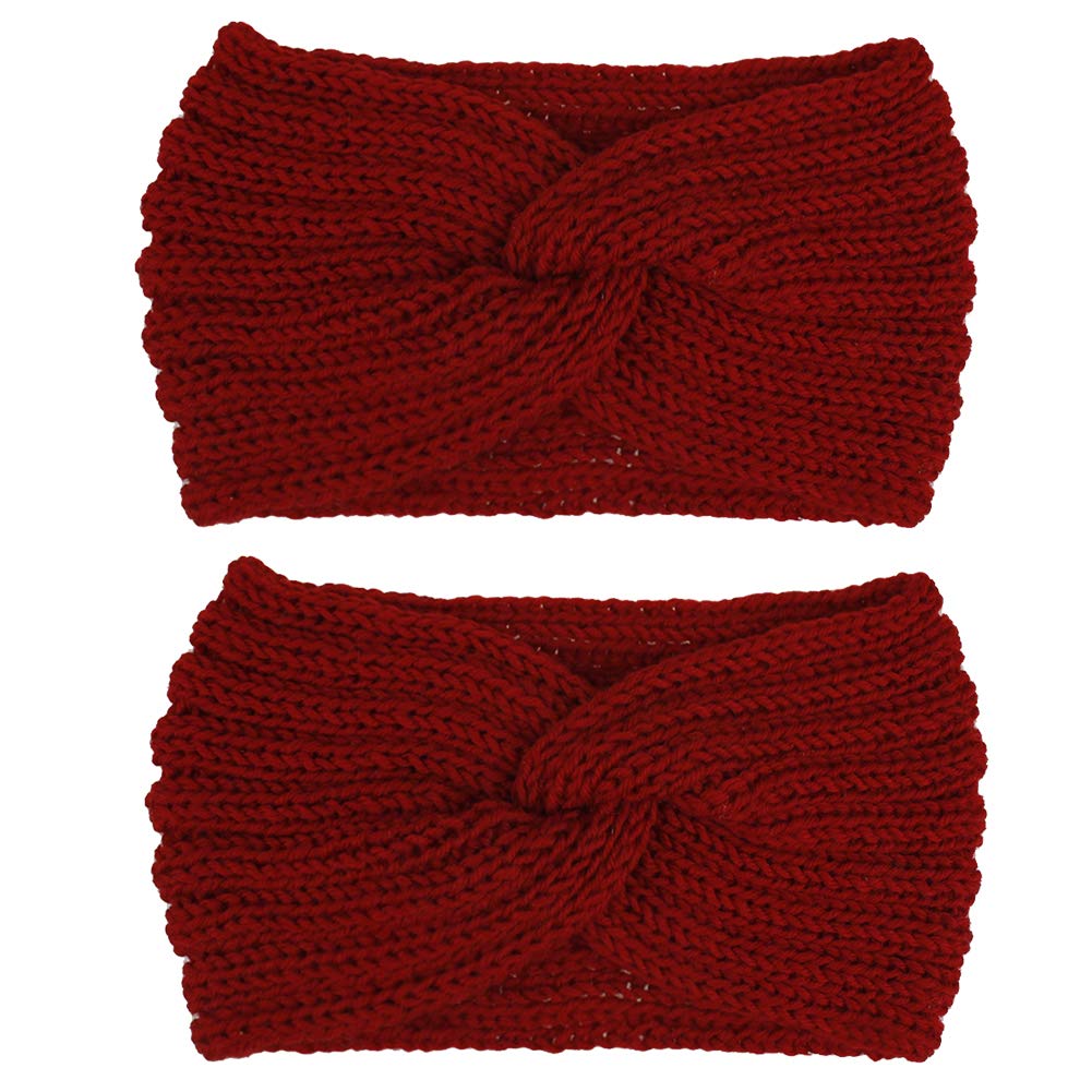 2PCS Women Ear Warmer Headband Autumn Winter Warm Knitted Hairband Twisted Headbands Elastic Crochet Hair Wrap (Red)