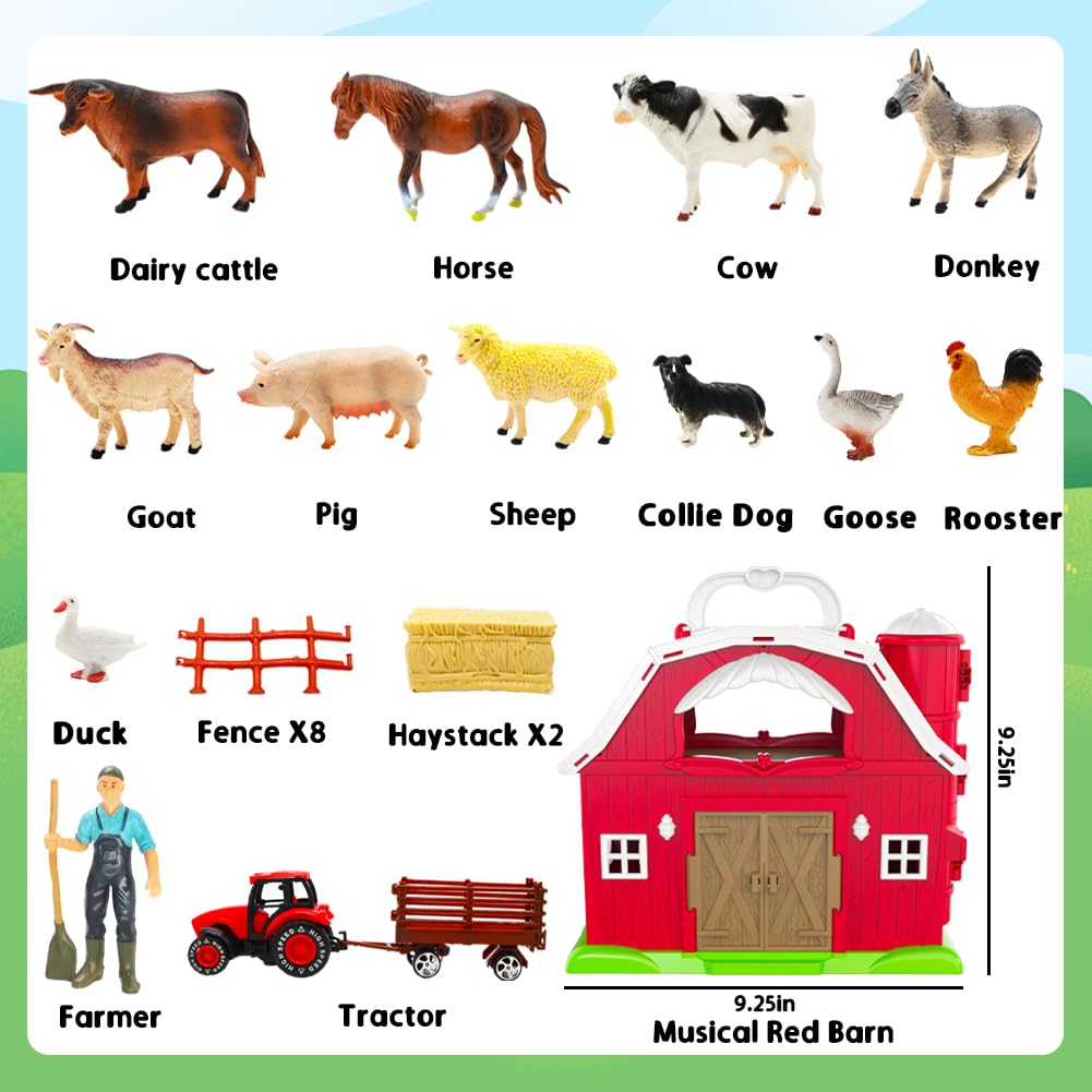 Big Red Barn Toys for Toddlers 1-3, Farm Animal Figures Playset with Tractor for 2 3 4 5 Year Old Kids, Musical Preschool Montessori STEM Learning Toys, Christmas Birthday Easter Gift for Boys Girls
