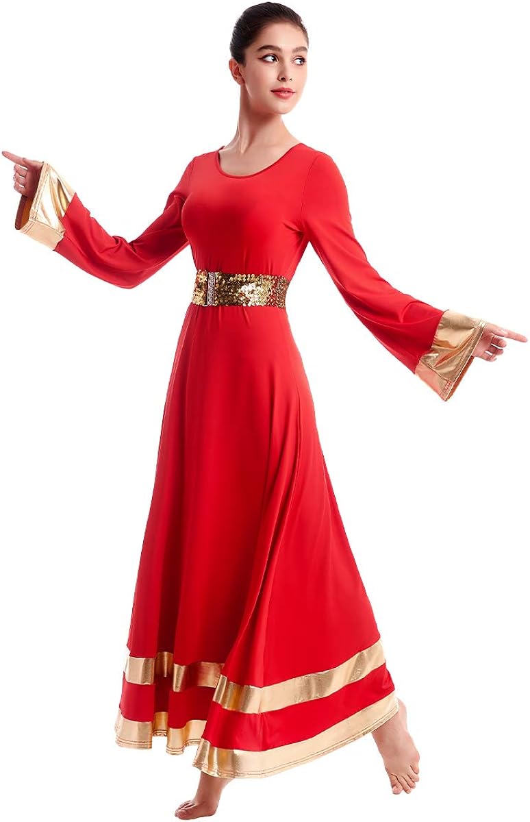 Women Metallic Praise Dance Dress Bell Long Sleeve Full Length Liturgical Tunic Skirt+Sequins Waistband Worship Costume: Clothing
