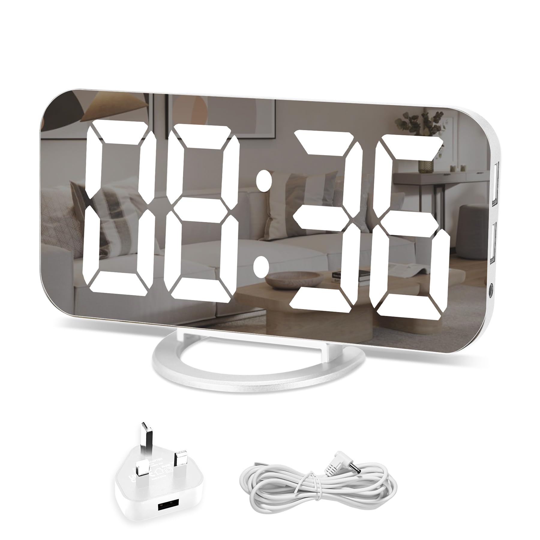 U-picks Digital Alarm Clock, 6.5 Inch Large LED Screen Alarm Mirror with Brightness Dimming Mode, Adjustable Brightness, 2 USB Charging Ports, Big Snooze Button for Home Decor White