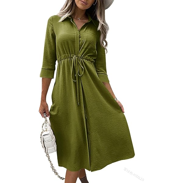 MANAIXUAN Women's Casual Flowy Tie Waist Button Down Long Sleeve Fall Midi  Shirt Dress Deep Yellow at Amazon Women's Clothing store