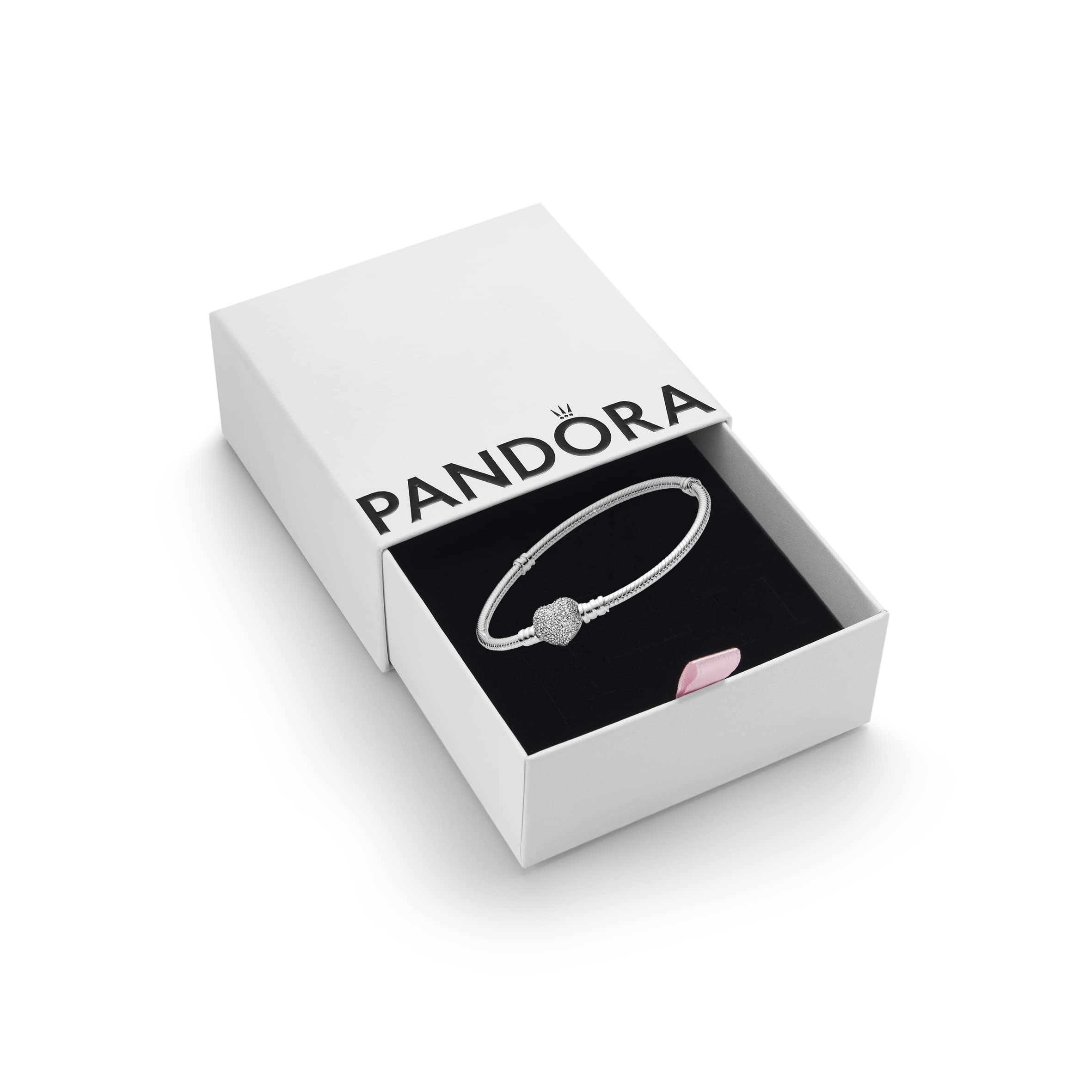 Pandora Moments Women's Sterling Silver Sparkling Heart Clasp Cubic Zirconia Snake Chain Bracelet for Charms, Size 17, No Box