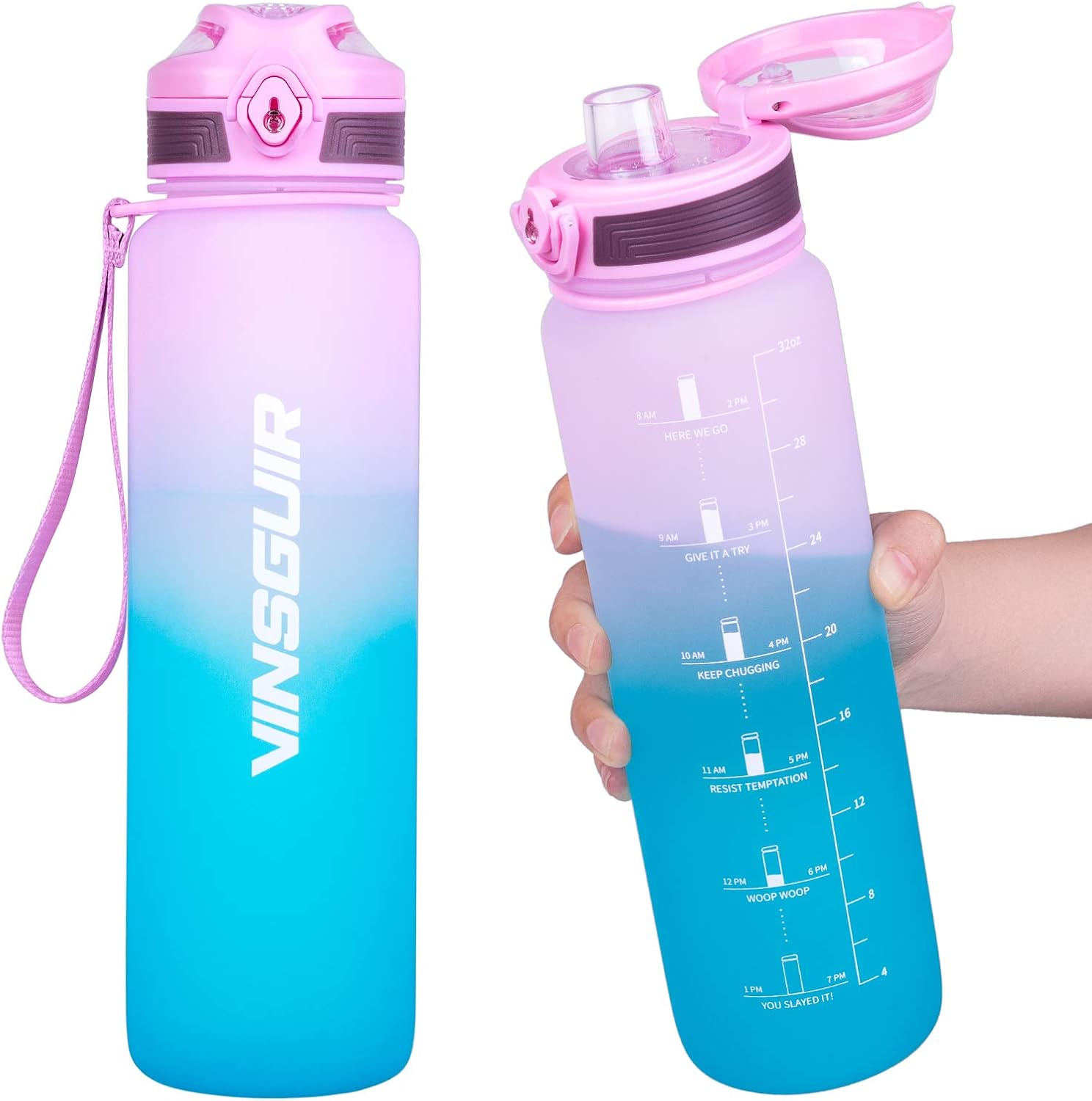 Vinsguir 32 oz Water Bottle with Motivational Time Marker & Measurements, 1 Liter BPA Free Water Jug for Women Men (No Straw): Home Improvement