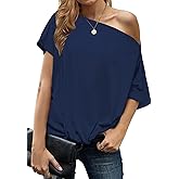 LEIYEE Womens Off Shoulder Tops Summer Casual Short Sleeve Front Twist Knot T Shirts Blouses