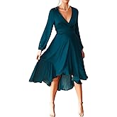 R.Vivimos Women's Cocktail Party Satin Dress Sexy Deep V-Neck Long Sleeve Tie Waist High Low Midi Dress