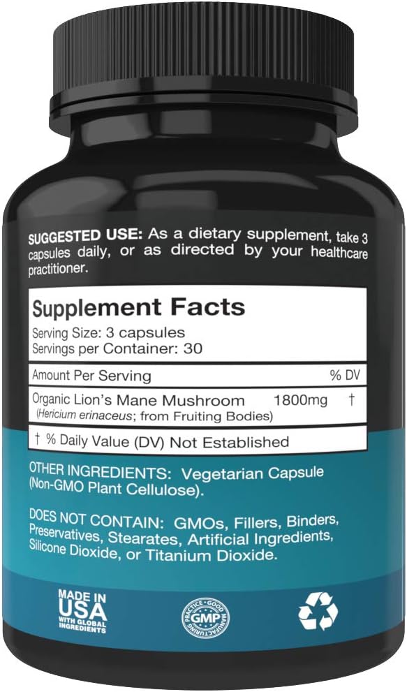 Organic Lions Mane Mushroom Capsules 1800mg Lion's Mane Mushroom