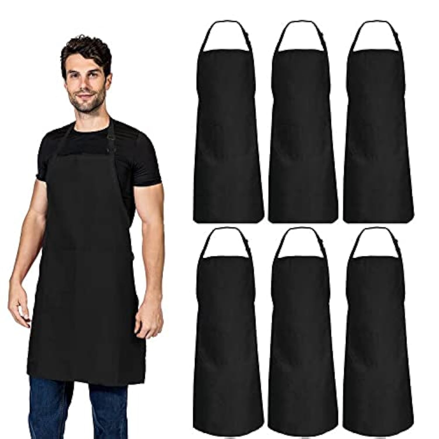 CWFUN Black Adjustable Kitchen Bib Aprons for Women Men Chef,Bulk Pack 32 x 28 Inches-Cooking Grilling Black Aprons-6 pcs