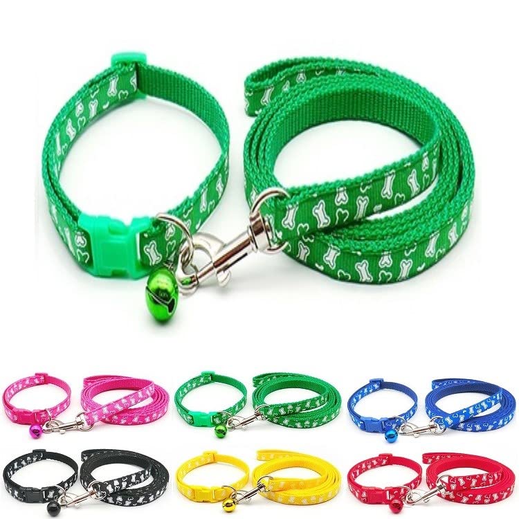 Small Dog Puppy Pet Collar and Lead Set White Bone Design Nylon Adjustable Size 19-32cm Collar with Bell and 120cm Leash Green