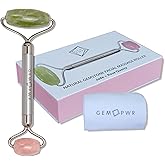 GEM PWR Rose Quartz + Jade Roller for Face and Neck Massage, Dual Gemstones with Durable Steel Handle and Travel Bag. Minimize Wrinkles, Reduce Puffiness and Restore Skin's Elasticity and Radiance