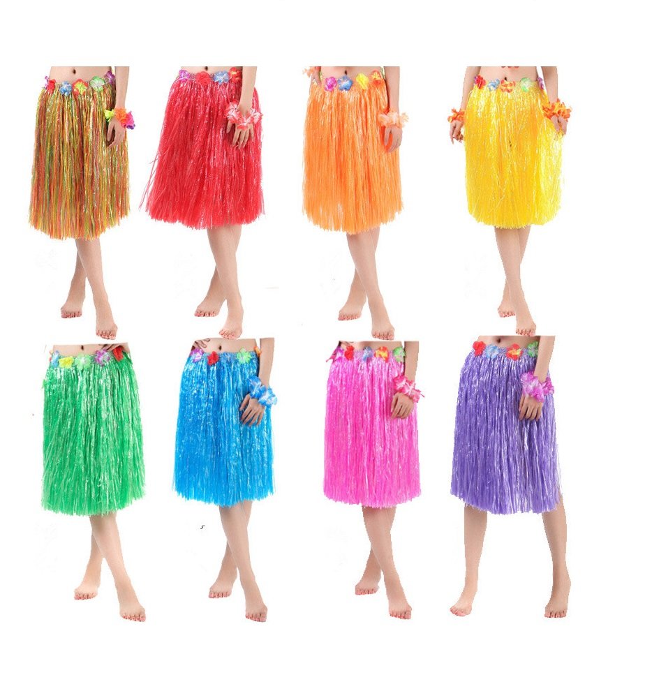 Hawaian Hula Grass Skirt Flower Leis Costume Set Ladies Luau Fancy Dress Costume (Purple, Long (60 cm))
