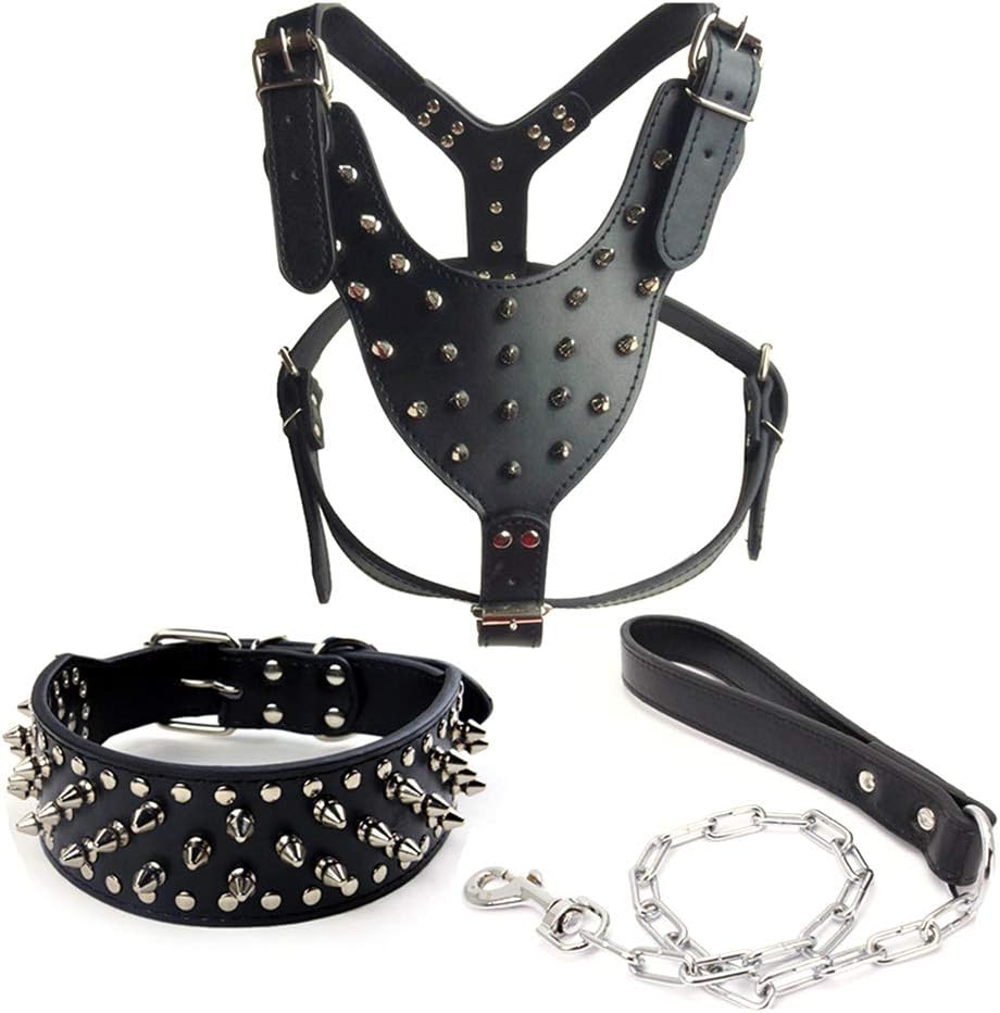Koobysix Dog Supplies 3pcs/set Spiked Studded Soft Leather Dog Harness Collar Chain Walking Training Gifts for Your Dog