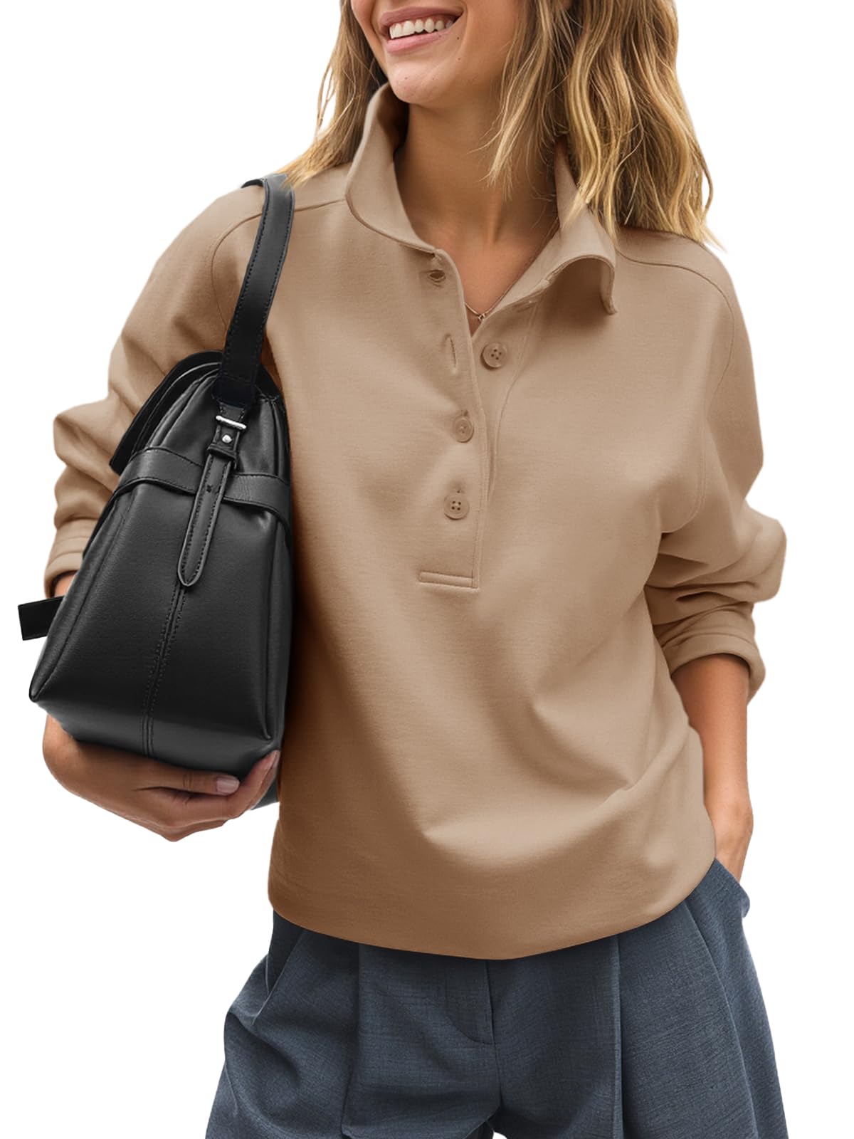 Photo 1 of Fisoew Womens Casual Sweatshirt Long Sleeve Button Collared Loose Fit Fall Pullover Tops Brown