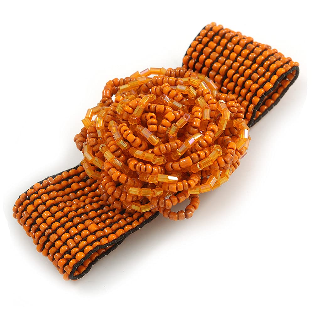 Avalaya Statement Beaded Flower Stretch Bracelet In Burnt Orange - 18cm L - Adjustable