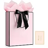 YoungTree Valentines Gift Bag with Ribbon and Greeting Card 2 Tissue Papers, Valentines Bags, Portable Paper Birthday Gift Bags with Handles, Present Bags for Valentines Day Wedding Party (Pink-Black)
