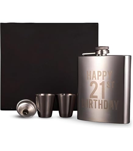 My Personal Memories Customized 21st Birthday Party Flask Gift Set (Black