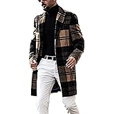 chouyatou Men's Casual Notched Collar Plaid Single Breasted Wool Blend Formal Trench Top Coat