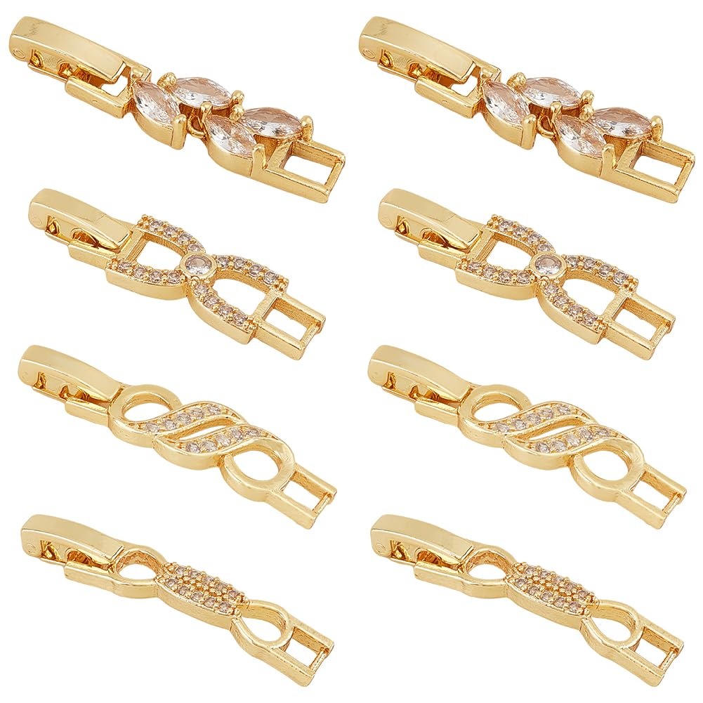 BENECREAT 8Pcs 4 Styles 18K Gold Plated Fold Over Clasp, Necklace Bracelet Extenders Cubic Zirconia Extension Clasps for Bracelet Necklace Jewelry Making, 2pcs/Style