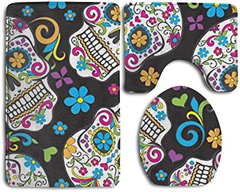 Princekling Sugar Skulls Black 3-Piece Soft Bath Rug Set Includes Bathroom Mat Contour Rug Lid Toilet Cover Home Decorative Doormat