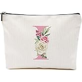 Pink Monogram Makeup Bag, Initial I, Cosmetic Bag Personalized Travel Organizer Bags Makeup Pouch, Monogrammed Gifts for Women Girls Friend Sisters Wife Bridesmaid Wedding Bridal Shower Gifts