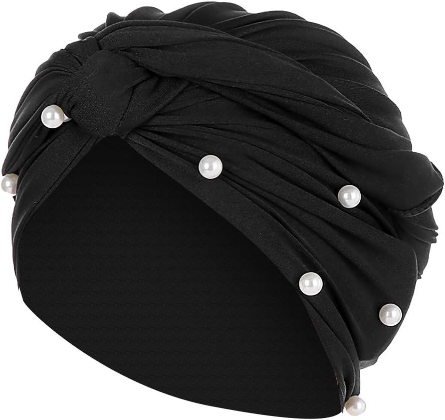 Hanomes Women Beanie Scarf Turban Hat Muslim Beading Pearl Ruffle Head Wrap Cap Women's Turban Headband Pearl Pleated Long Head Wrap Hijab Tube Scarf