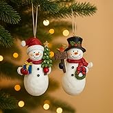 Christmas Snowman Ornament Set of 2 – Hand-Painted Resin Figurines with Hanging Cord, Cute Holiday Decorations for Tree, Mantel, or Gift – 4" Tall Lightweight Christmas Decor (Snowmen)