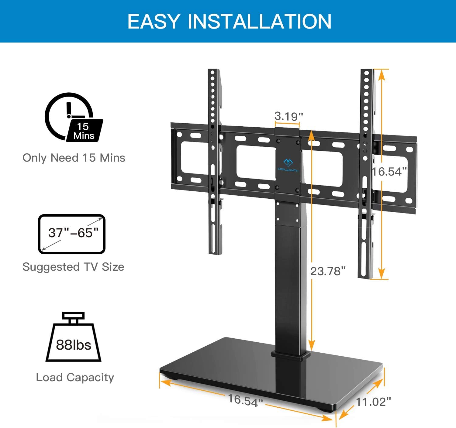 PERLESMITH Universal Swivel TV Stand / Base - Table Top TV Stand for 37-65 inch LCD LED TVs - Height Adjustable TV Mount Stand with Tempered Glass Base, VESA 600x400mm, Holds up to 88lbs: Electronics