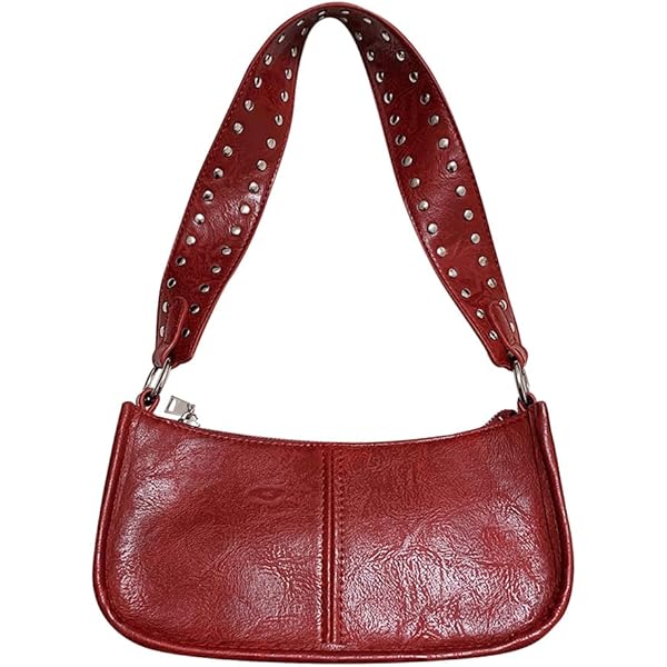 Women's Retro Y2K Studded Crossbody Bag - Burgundy PU Leather Clutch With 2 Removable Straps