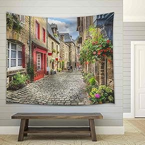 Beautiful View of Scenic Narrow Alley with Historic Traditional Houses and Cobbled Street in an Old Town in Europe - Fabric Wall Tapestry Home Decor - 51x60 inches