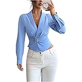 Floerns Women's Elegant Bowknot Long Sleeve Shirts Wrap V Neck Business Casual Blouse Tops