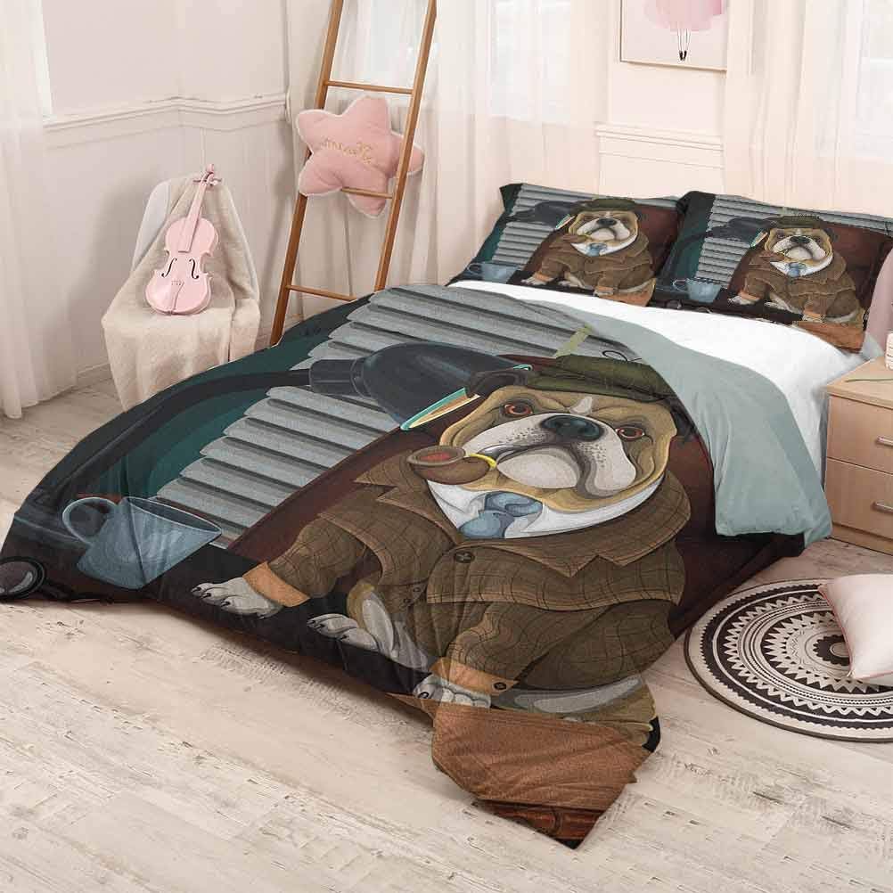 HELLOLEON (King) English Bulldog Pure Bedding Hotel Luxury Bed Linen Traditional English Detective Dog with a Pipe and Hat Sherlock Holmes Image Polyester - Soft and Breathable Multicolor
