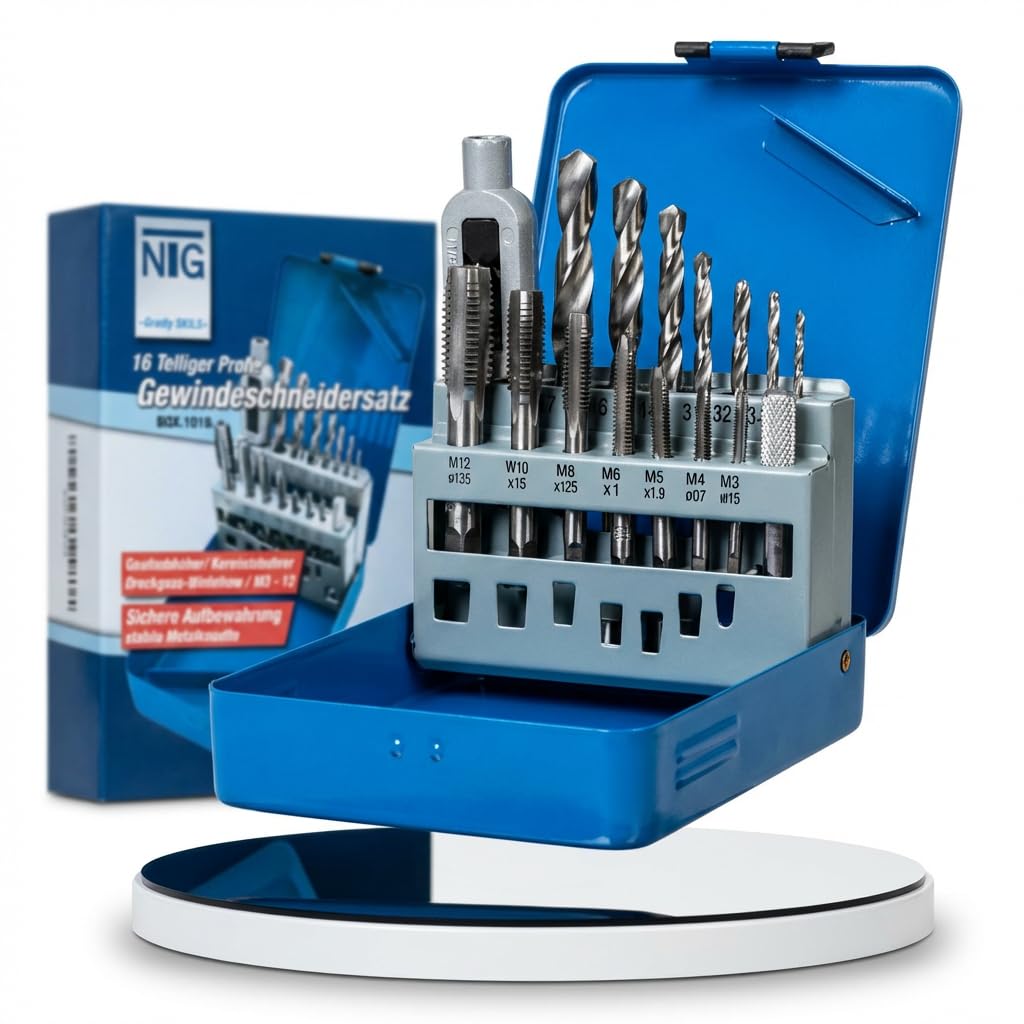 NTG Tap and Die Set Made of HSS Steel, 16-Piece Tap Set in Sizes from M3 - M12 Including Tap Wrench and Storage Box, Thread Cutting Set with Core Hole Drill Set