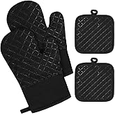 AUAUY Oven Mitts and Pot Holders 4PCS Set, 230°C/446°F Heat Resistant BBQ Gloves, Extra Thicken Long Cotton Oven Mittens, Silicone Stripes Non-Slip Kitchen Mittens for Cooking Baking Grilling