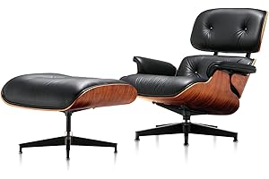 SULUCO Mid Century Chaise Lounge Chair with Ottoman, Top Black Grain Leather, Modern Office Chair Classic Design, Heavy Duty Base Support for Living Room Study Lounge Office