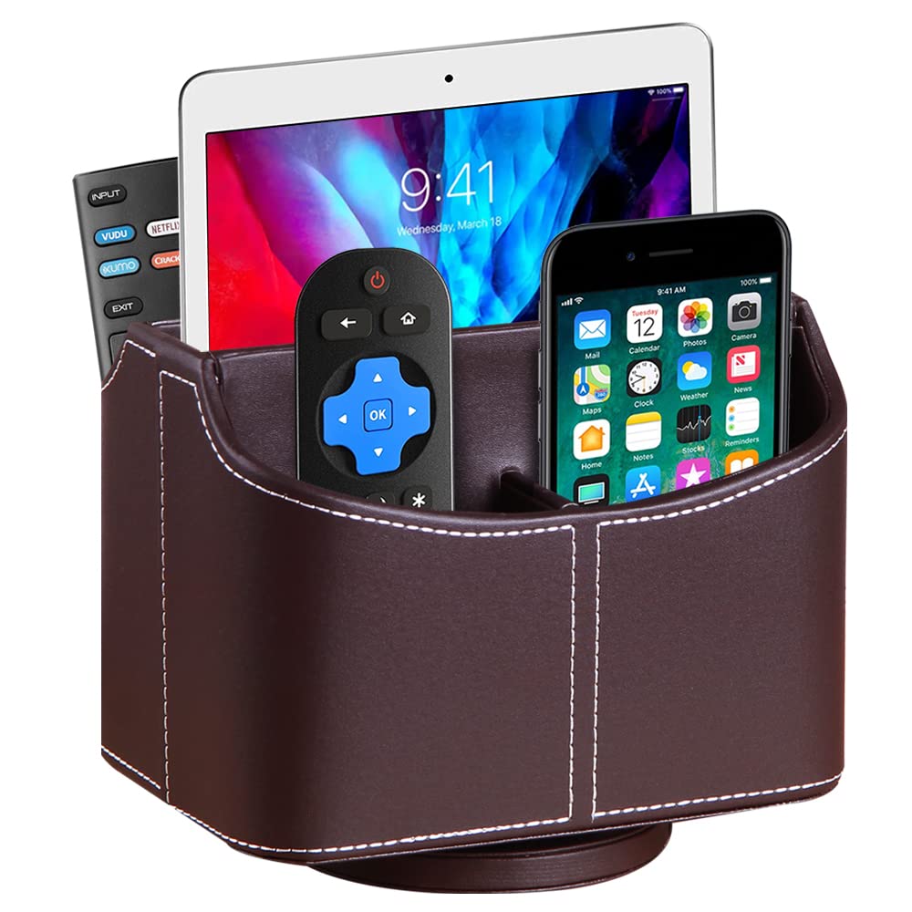 Fanousy TV Remote Control Holder for Table Rotating, PU Leather Remote Caddy Organizer Storage, Living Room Decor for Nightstand Bedside Desk Table Desktop Office Supplies
