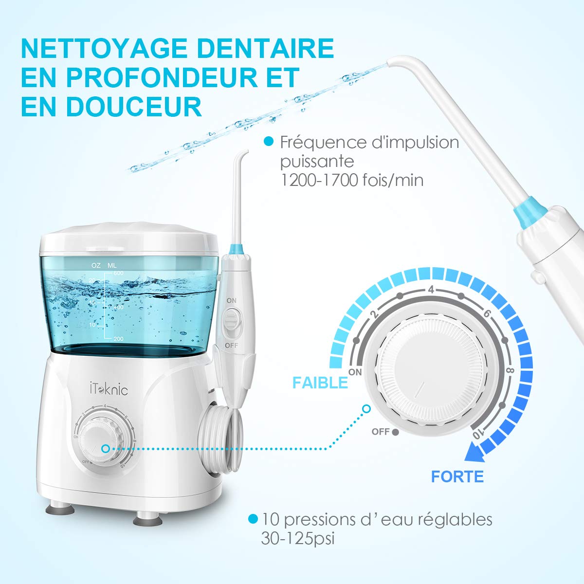 Hydropulseur Jet Dentaire Électrique iTeknic Irrigateur Dentaire Oral Professionnel avec 7 Buses de Rechange Rotation 360°, 10 Pressions Réglables et Réservoir d’Eau 600ML Hydropropulseur Hydrojet d’Eau Dentaire pour Soins Nettoyage Hygiène