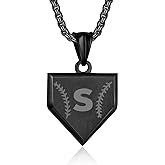 Initial A-Z Necklace for Boys Stainless Steel Letter Shield Pendant Box Chain 22+2 inch Inspirational Baseball Home Plate Necklace Baseball Jewelry Gift for Men