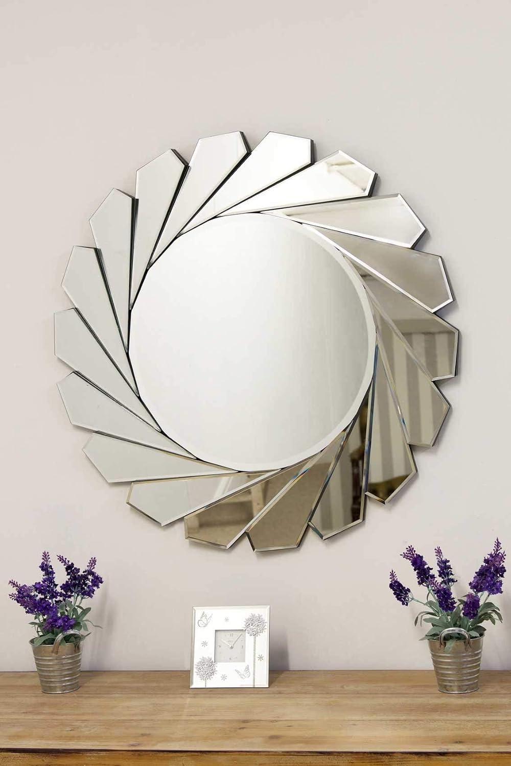 MirrorOutlet Large Modern Design Round Sophisticated Sunburst Venetain Wall Mirror 2Ft8 80cm, 80x80, Silver - Image 4