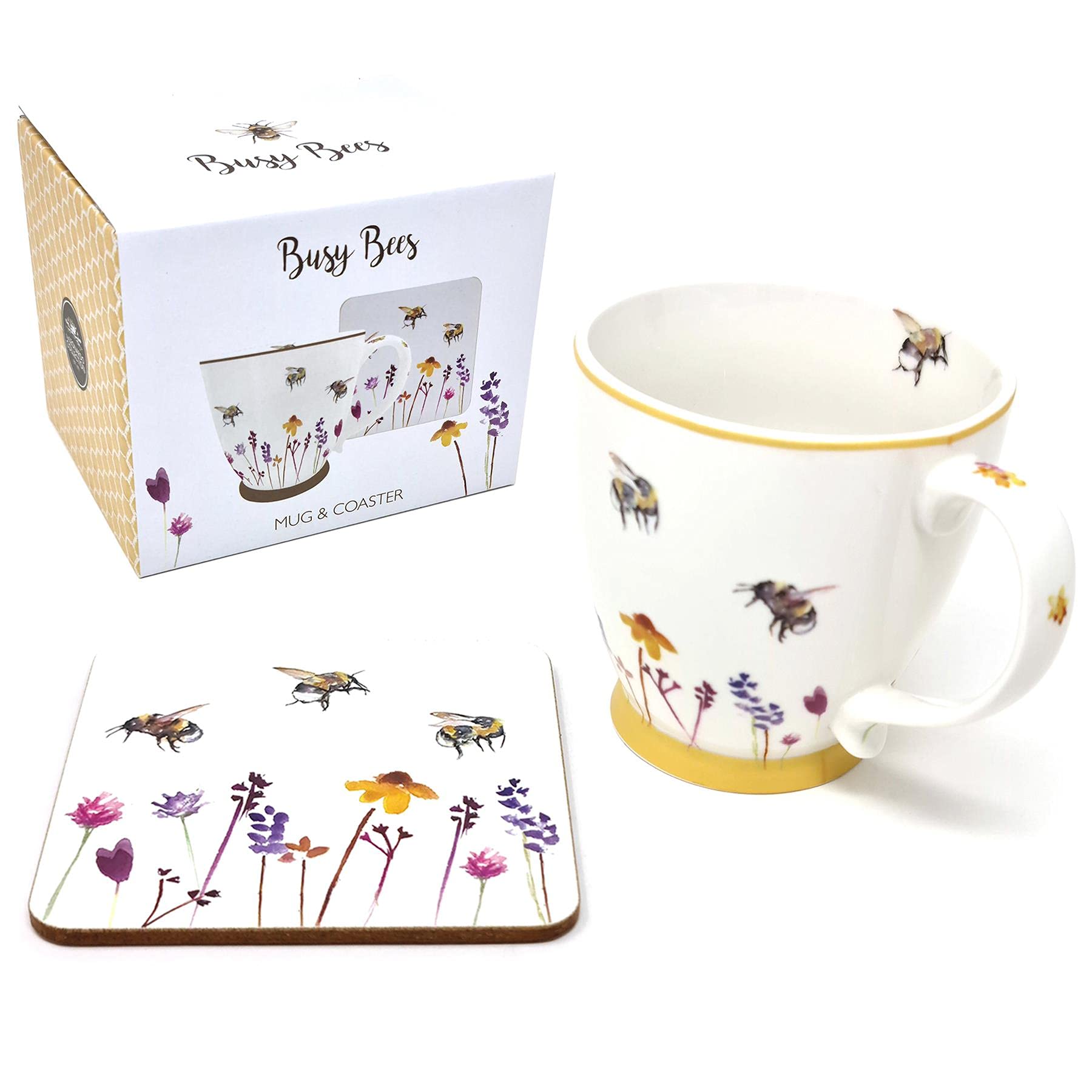 The Leonardo Collection Breakfast Mug & Coaster Set Busy Bees Floral Design by Jennifer Rose Gallery Tea Coffee Cup Gift, White
