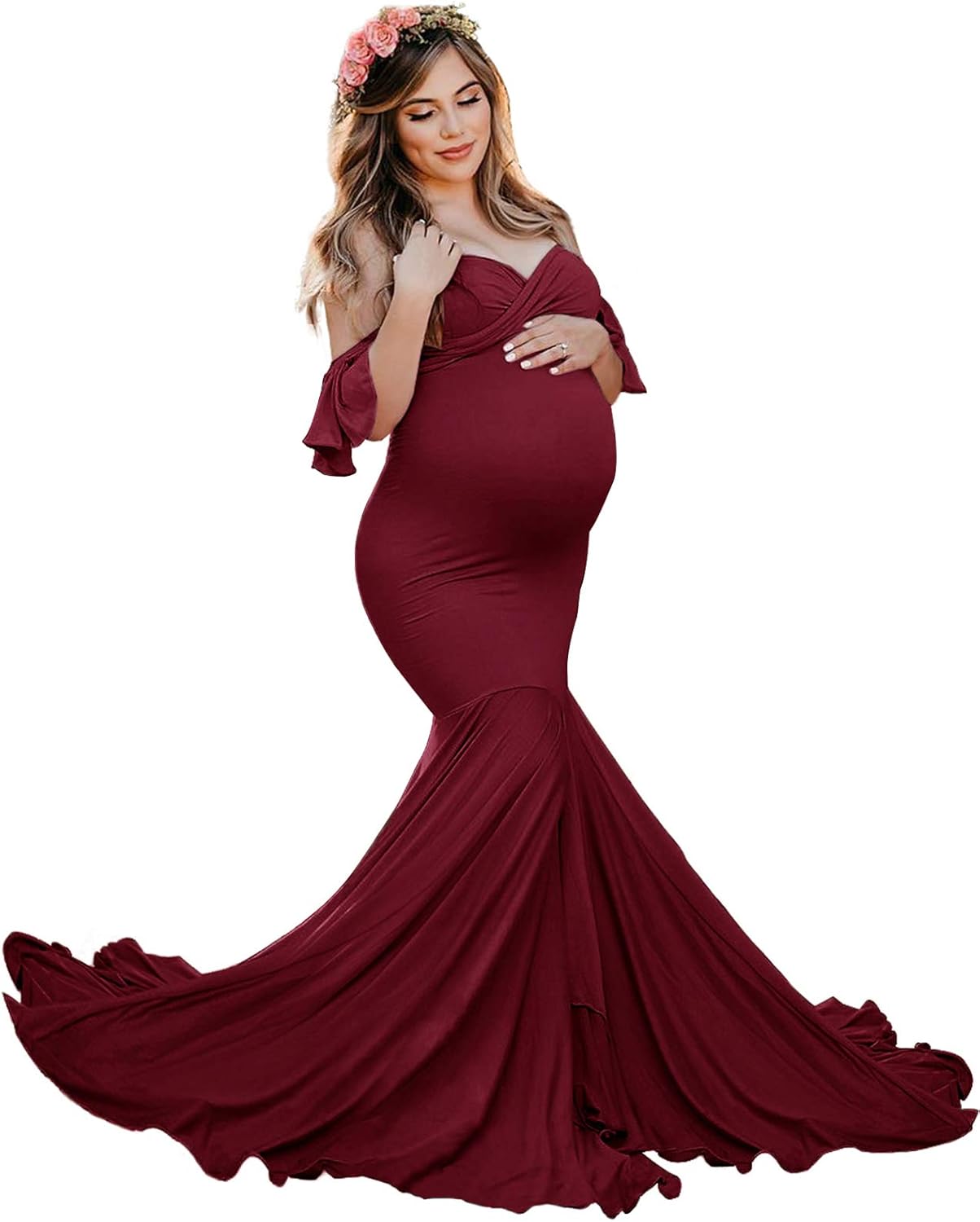 Saslax Off Shoulder Ruffle Sleeves Elegant Fitted Maxi Maternity Dress for Photoshoot Baby Shower: Clothing