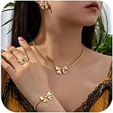 YANCHUN Bow Necklace Earrings Bracelet Gold Jewelry Set Trendy Bowknot Ribbon Choker Necklace for Women Bow Stuff for Valentines Day Gifts