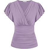 GRACE KARIN 2025 Womens Tops Summer Wrap Blouse V Neck Ruffle Sleeve Dressy Casual Top Ruched Trendy Clothes