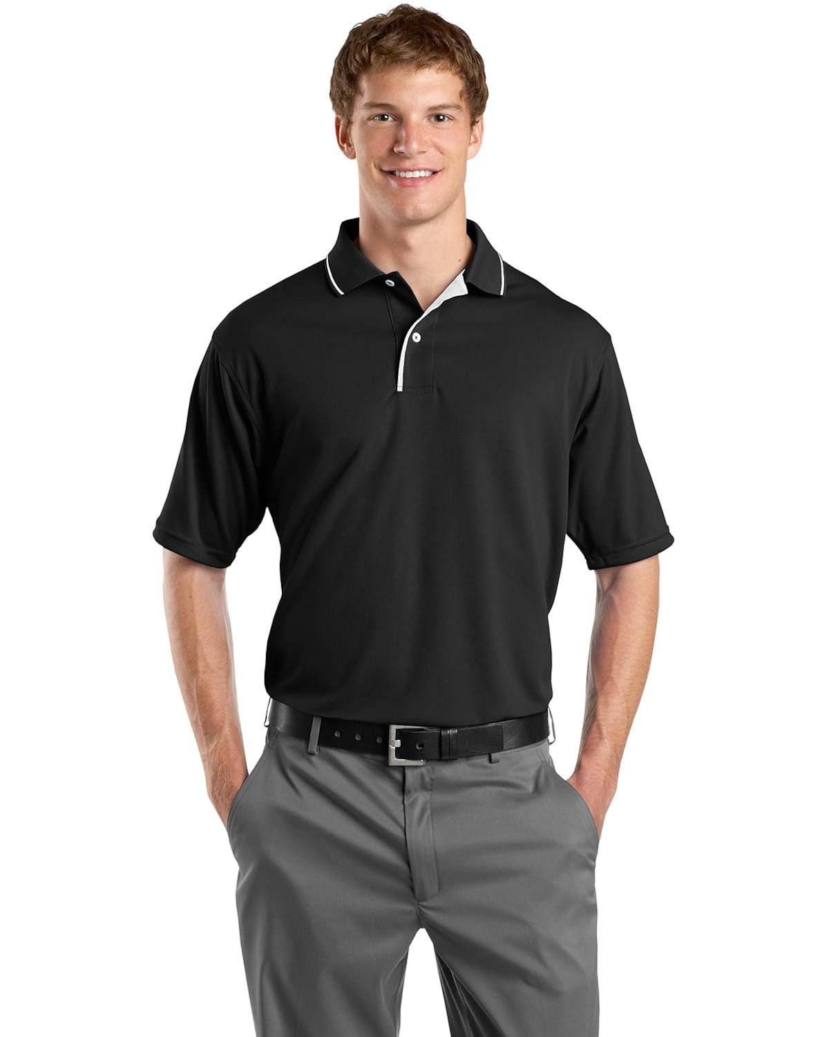 Sport-Tek Mens Tipped Collar Performance Polo Shirt/_Black//White/_Medium