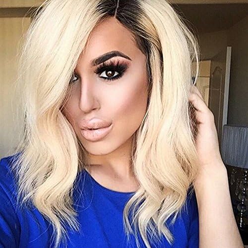 Ten Chopstics Sexy 1BT613 Blonde Human Hair Wigs for Black Women Short Glueless Full Lace Ombre Lace Front Wig Bob Wig Wavy Two Tone Brazilian Hair Wig Bleached Knots 100%Virgin Hair Natural Baby Hair