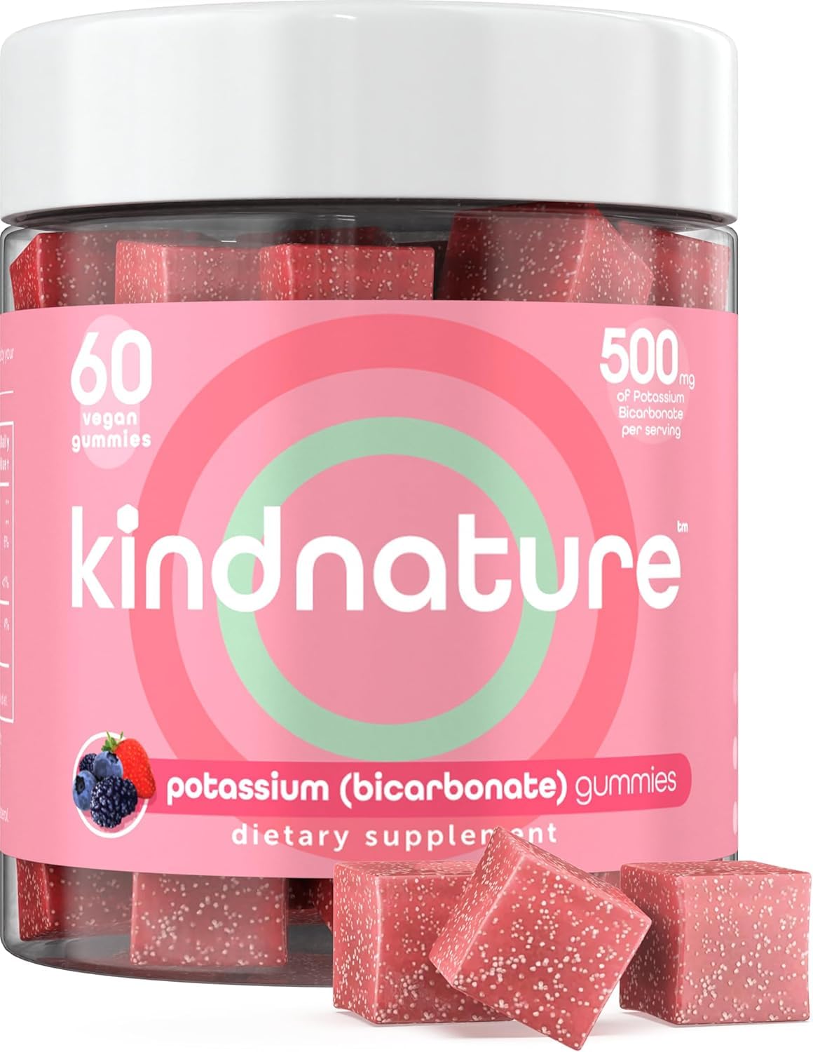 Photo 1 of KINDNATURE High Potassium Supplement Gummies 500mg - Chewable for Adults & Kids - Pure Potassium Bicarbonate Mineral Supplement - Vegan, Gluten Free, Non GMO - 60 Gummies (30 Day Supply)