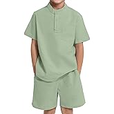 JiAmy Boy's 2 Piece Summer Outfits Casual Henley Button Down Short Sleeve Shirts and Short Sets Kids Clothes Pants Sets