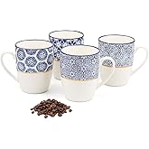MACHUMA Set of 4 12.5OZ/370ML Coffee Mugs with Blue and White Patterns, Ceramic Tea Cup Set, Gift for Friends