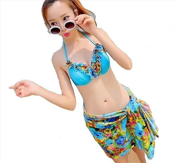 Amazon 花柄 フリル パレオ付 ビキニ スウィート 女の子 水着 3点セット ピンク 青 ビキニ セパレーツ 通販