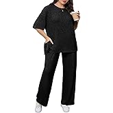 Beautife Womens Plus Size 2 Piece Lounge Sets Ribbed Short Sleeve Tops and Wide Leg Pants Set Travel Airport Outfits